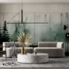 Tranquil lake surrounded by misty trees in a serene forest landscape||