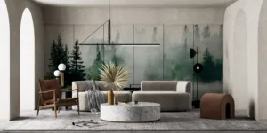 Tranquil lake surrounded by misty trees in a serene forest landscape||