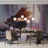 Grand piano in a moonlit room with rose petals
