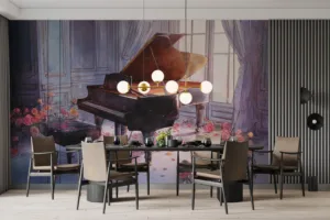 Grand piano in a moonlit room with rose petals||