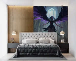 Morgana from League of Legends in a grand cathedral setting with purple wings.||