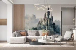 Fantasy castle in a misty landscape||