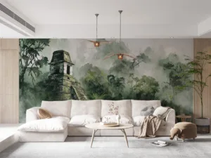 Mystical jungle landscape with ancient temple in mist||