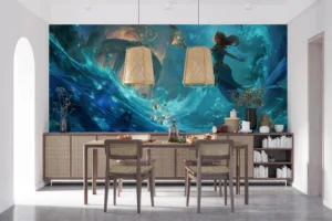 Nami from League of Legends summoning a tidal wave in an underwater setting.||