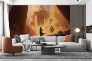 Nasus from League of Legends summoning magic in an ancient sandy landscape.||