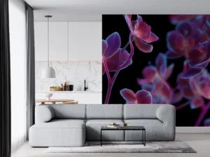 Close-up of neon orchids against a black background||