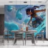 Nilah from League of Legends in action with glowing weapon in ocean scene