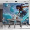 Nilah from League of Legends in action with glowing weapon in ocean scene||