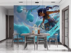 Nilah from League of Legends in action with glowing weapon in ocean scene||