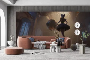 Orianna from League of Legends in a dynamic dance pose within an ornate ballroom setting.