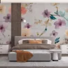 Pastel floral pattern mural with soft flowers on a light gray background.||