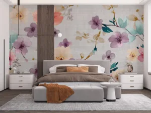Pastel floral pattern mural with soft flowers on a light gray background.||