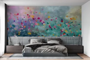 Abstract artwork of colorful petals in pastel hues.||