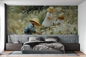 Children playing in a field of daisies||