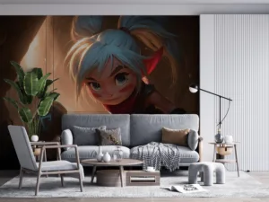 Poppy from League of Legends raising her hammer in a rocky environment||