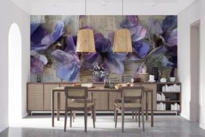 Close-up of purple flowers on a textured newspaper background||