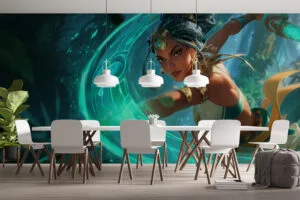 Qiyana from League of Legends in a dynamic action pose with a glowing weapon.