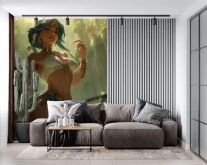 Qiyana from League of Legends in a vibrant jungle setting