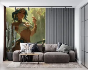 Qiyana from League of Legends in a vibrant jungle setting|showcasing her elemental powers.|
