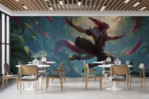 Rakan from League of Legends leaping in an enchanted forest|showcasing agility and charm.|