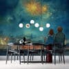 Two figures sitting on a rooftop watching fireworks in the night sky.
