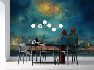 Two figures sitting on a rooftop watching fireworks in the night sky.||