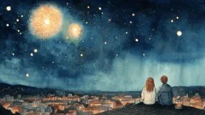 Alternative view of Romantic Rooftop Fireworks Wall Mural
