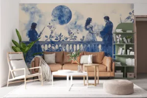 Stylized illustration of Romeo and Juliet on a balcony under a moonlit sky.||