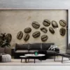 Collection of coffee beans on a vintage textured background.||