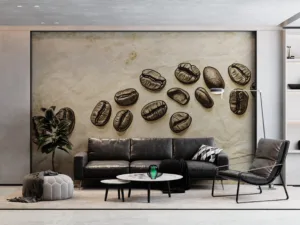 Collection of coffee beans on a vintage textured background.||