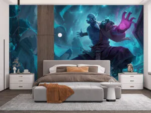 Ryze from League of Legends casting a spell with blue and purple magical elements.