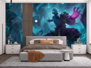 Ryze from League of Legends casting a spell with blue and purple magical elements.||