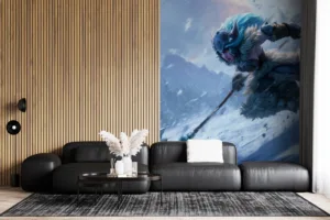 Sejuani from League of Legends charging through a snowy landscape||