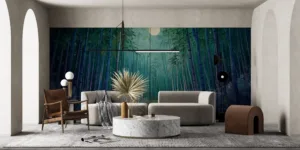 Serene bamboo forest under a moonlit sky||