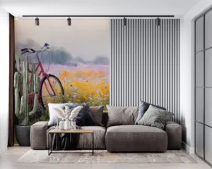 Serene outdoor scene with a pink bicycle and a field of wildflowers||
