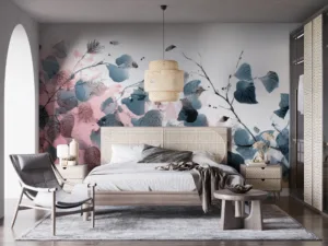 Delicate watercolor floral mural with blue and gray leaves on a pink background.||