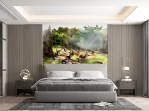 A group of deer resting in a lush green environment with soft sunlight filtering through trees.||