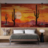 Watercolor painting of a desert landscape at sunset with cacti