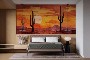 Watercolor painting of a desert landscape at sunset with cacti||