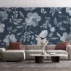 Floral pattern with white flowers and leaves on a blue background