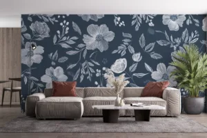 Floral pattern with white flowers and leaves on a blue background||