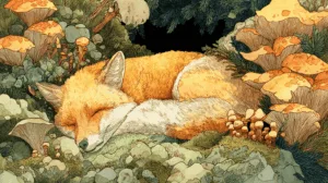 Alternative view of Serene Fox Amidst Mushrooms Wall Mural