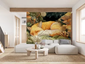 Sleeping fox nestled among mushrooms and foliage in a serene forest setting.||