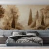 Serene sepia-toned landscape of a tranquil garden