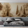 Serene sepia-toned landscape of a tranquil garden||