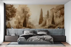 Serene sepia-toned landscape of a tranquil garden||