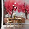 Hammock between blooming pink trees in a serene outdoor setting||