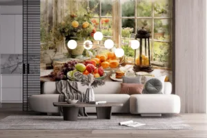 Cozy kitchen table setting with fruits and baked goods near a window||