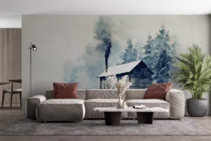 Rustic cabin in a snowy winter landscape||