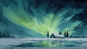 Alternative view of Serene Winter Cabin Under Northern Lights Wall Mural